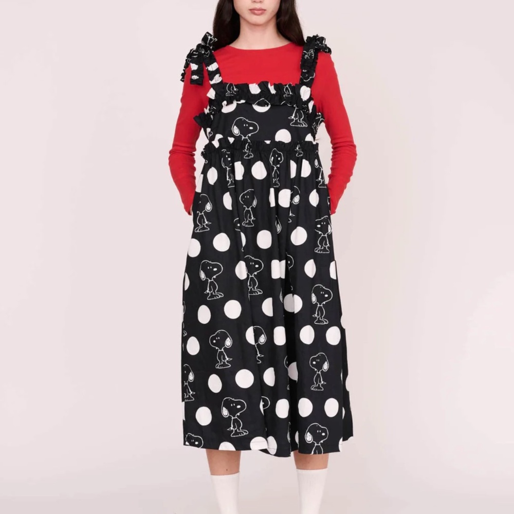 Lazy Oaf x Peanuts Snoopy Spot Frill Midi Dress - UK 12 + 14 - Black + White